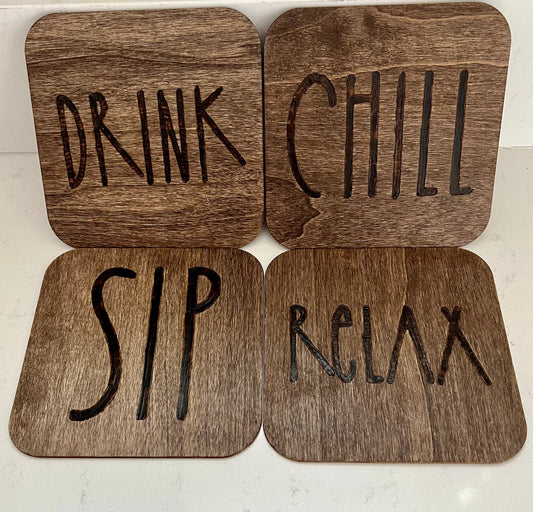 Set of 4 wood burned coasters