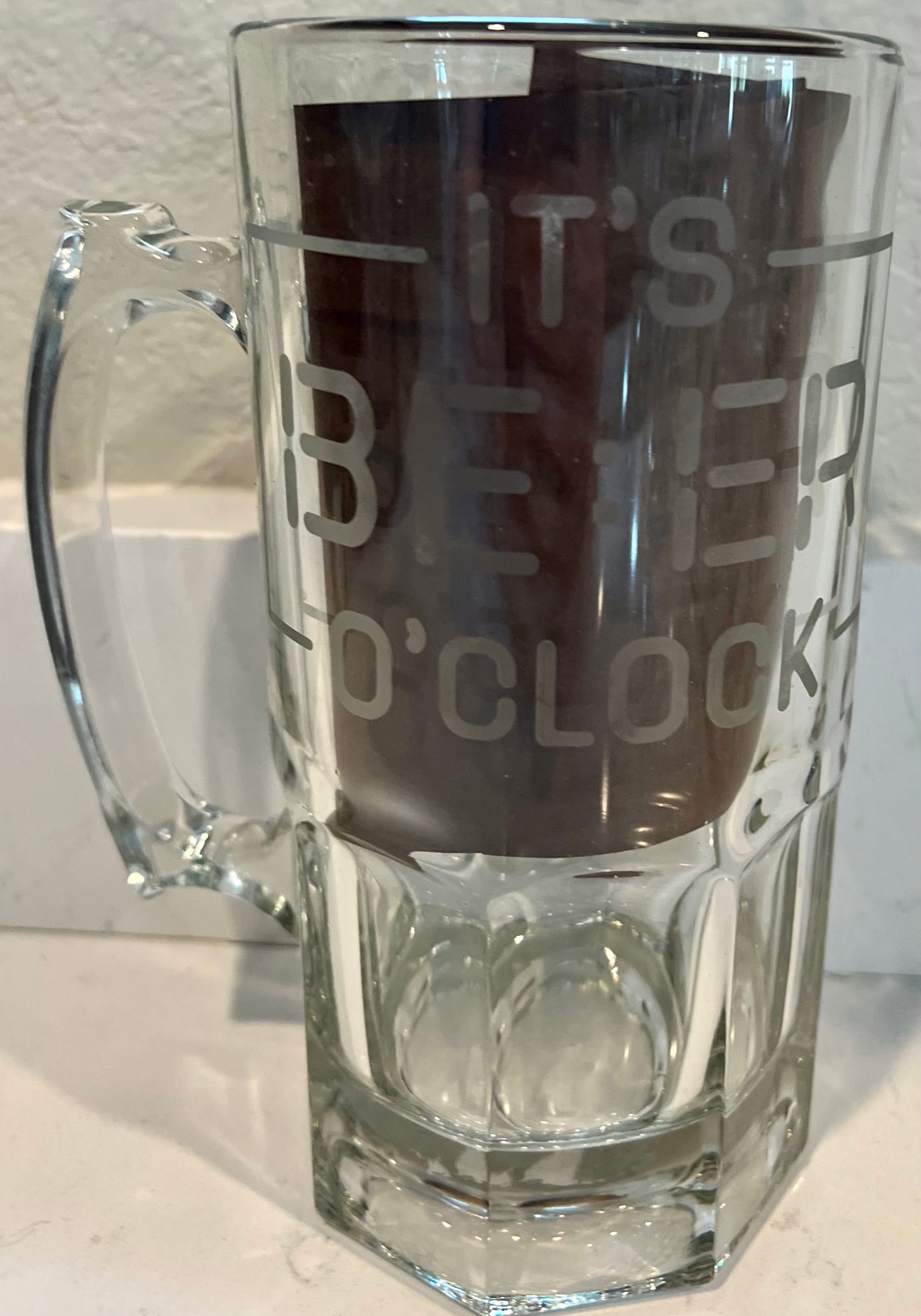 Large glass etched beer mug it’s beer o’clock