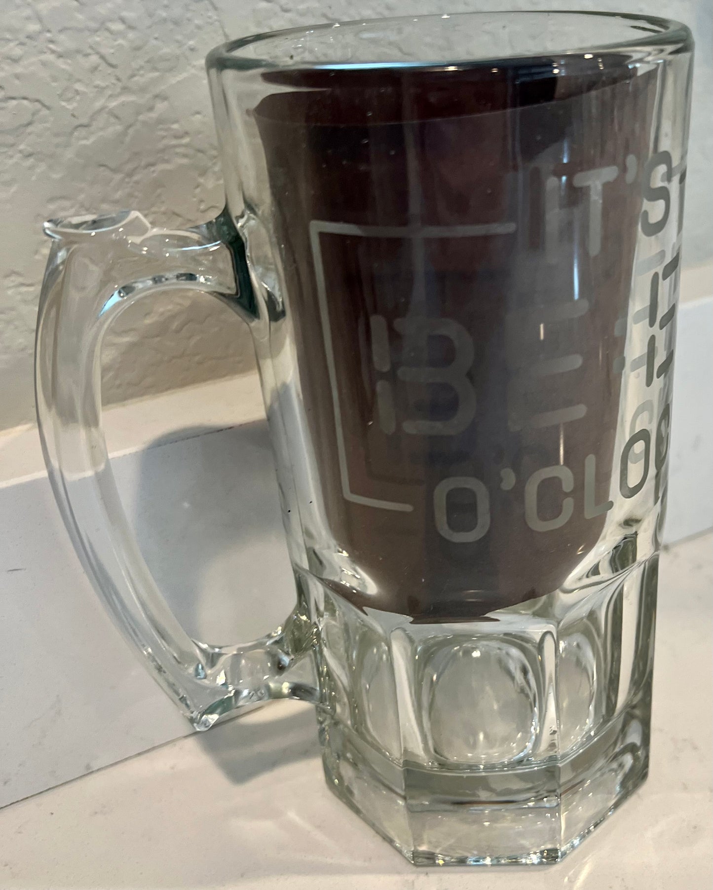 Large glass etched beer mug it’s beer o’clock