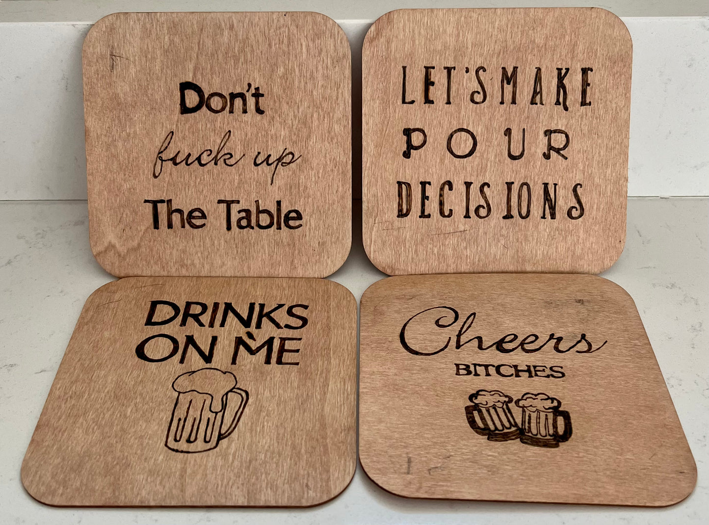 Set of 4 wood burned coasters